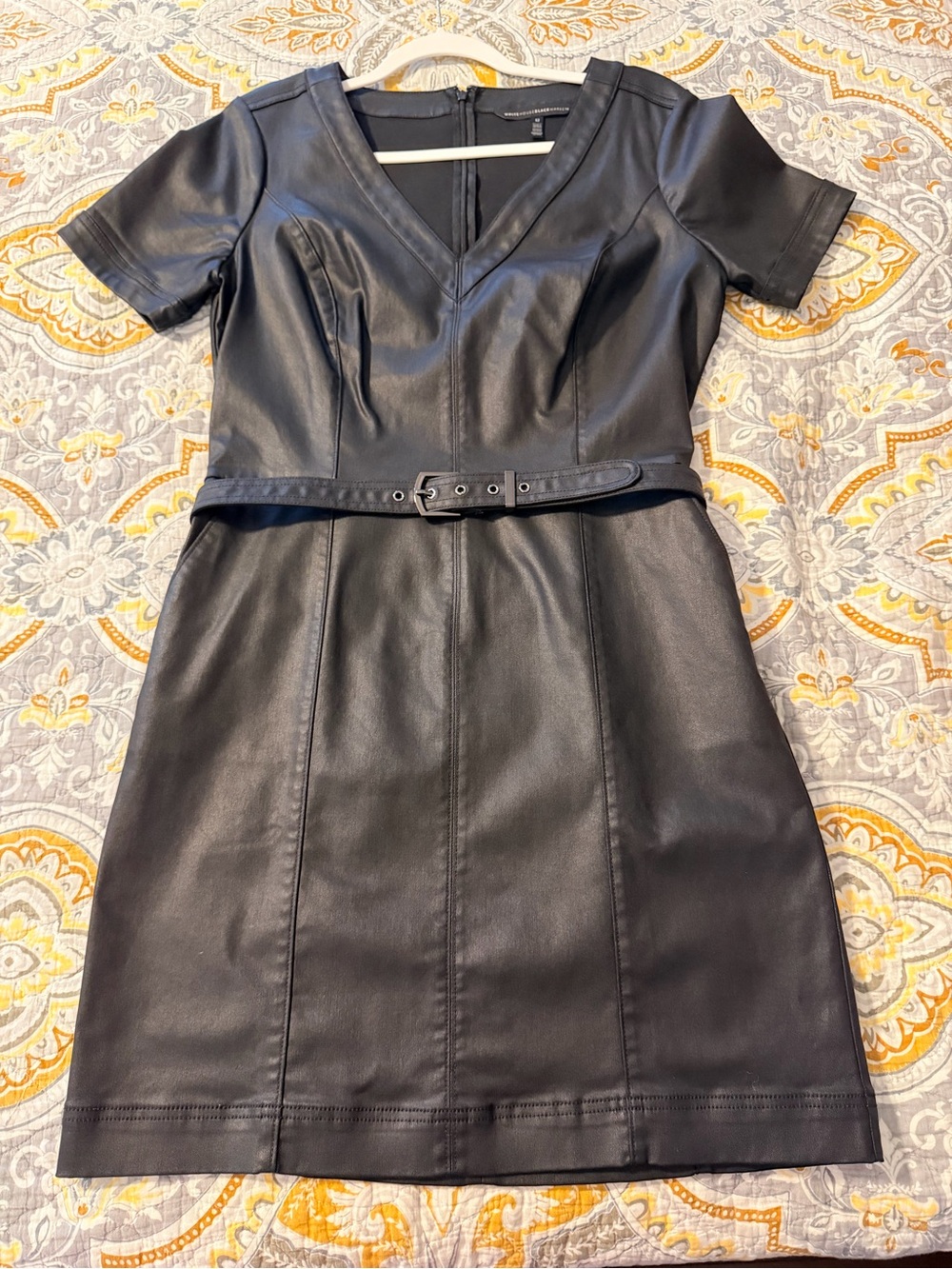 Coated jeans V-Neck Short Sleeve Dress with Belt - Black